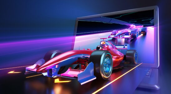 Racing car flying out of laptop screen