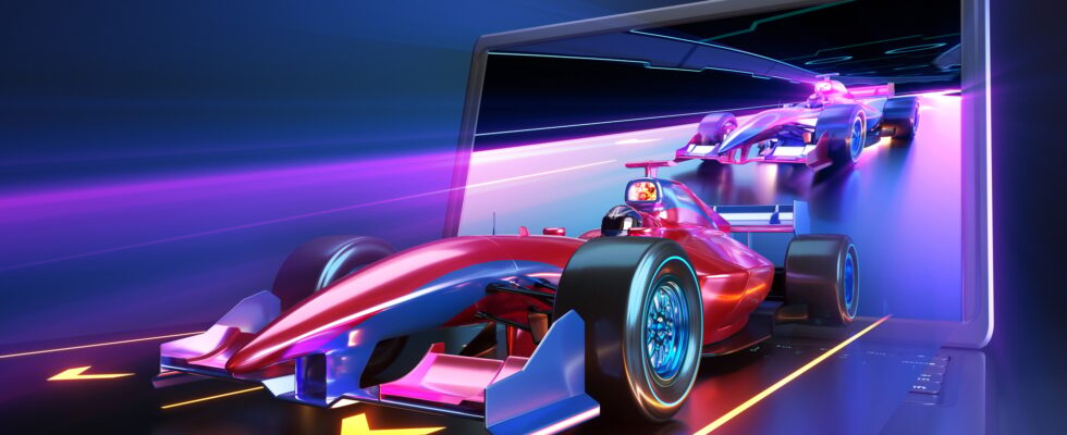 Racing car flying out of laptop screen