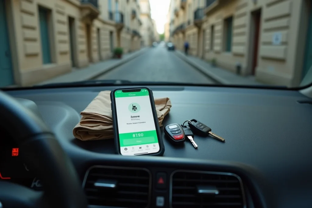 Application PayByPhone Paris ouverte sur un smartphone posé sur le tableau de bord d'une voiture garée dans une rue résidentielle parisienne