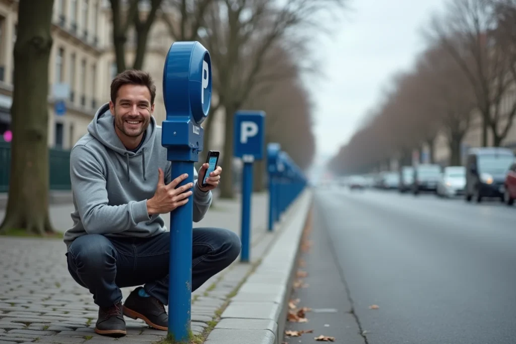 Homme parisien validant un paiement de stationnement résidents via PayByPhone devant un horodateur bleu sur un boulevard parisien