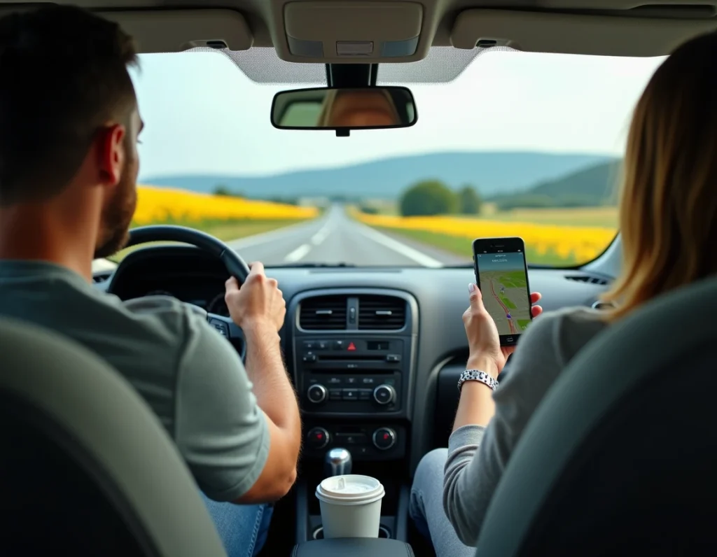 Intérieur de voiture sur une route nationale française sans péage avec GPS