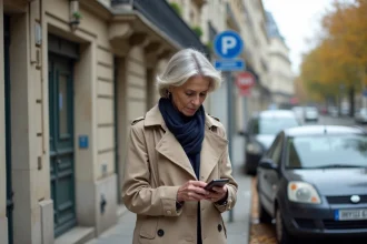 Résidente parisienne utilisant l'application PayByPhone sur smartphone pour payer son stationnement dans une rue haussmannienne de Paris