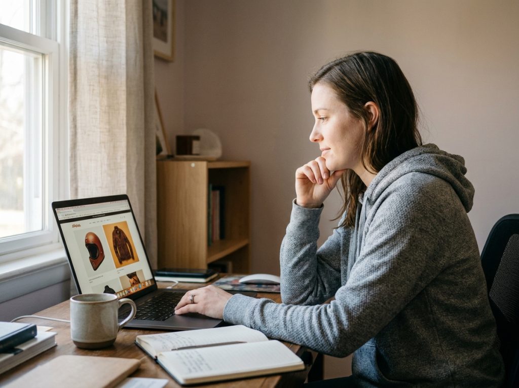 Femme qui compare des équipements moto sur un site de vente en ligne depuis son bureau à domicile avec un ordinateur portable ouvert