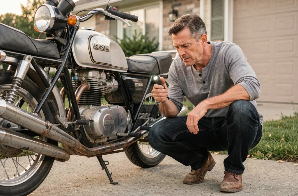 Acheteur potentiel inspectant de près les échappements et le moteur d'une Suzuki GT750 d'occasion lors d'une visite chez un particulier