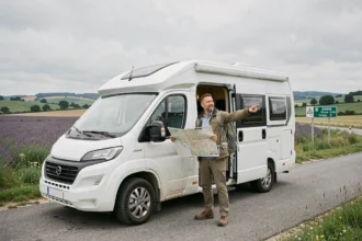 Couple avec un camping-car blanc consulte une carte routière sur une route secondaire en France, idéal pour voyager sans autoroute