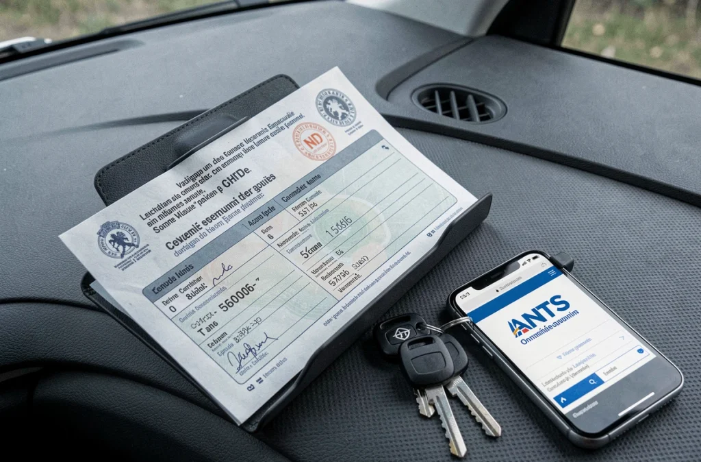 Carte grise posée sur le tableau de bord d'une voiture avec smartphone et clés