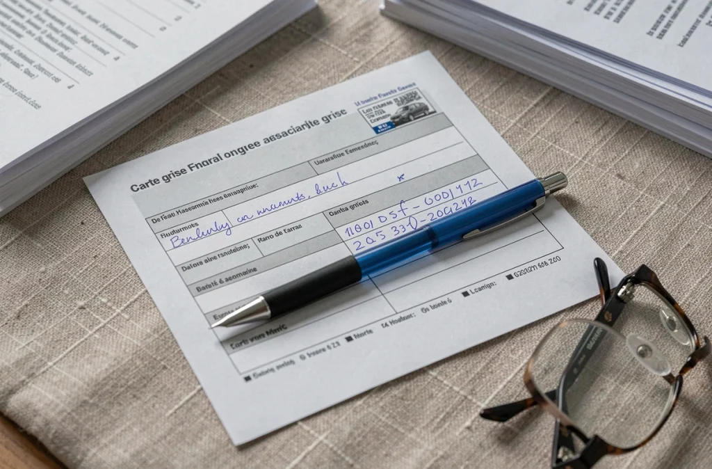 Carte grise d'un véhicule d'occasion posée sur une table avec un stylo et des lunettes lors d'un transfert de propriété