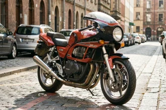 Moto CB 900 Boldor garée dans une rue urbaine européenne, vue en 3/4 avant, mettant en valeur son carénage iconique et ses finitions chromées