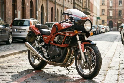 Moto CB 900 Boldor garée dans une rue urbaine européenne, vue en 3/4 avant, mettant en valeur son carénage iconique et ses finitions chromées