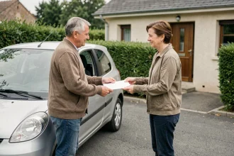 Un homme et une femme échangent des documents administratifs devant une voiture lors d'une cession de véhicule