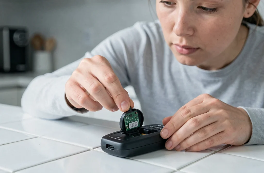 Femme insérant une pile CR2032 dans la télécommande de clé Renault Clio 4 sur un plan de travail cuisine