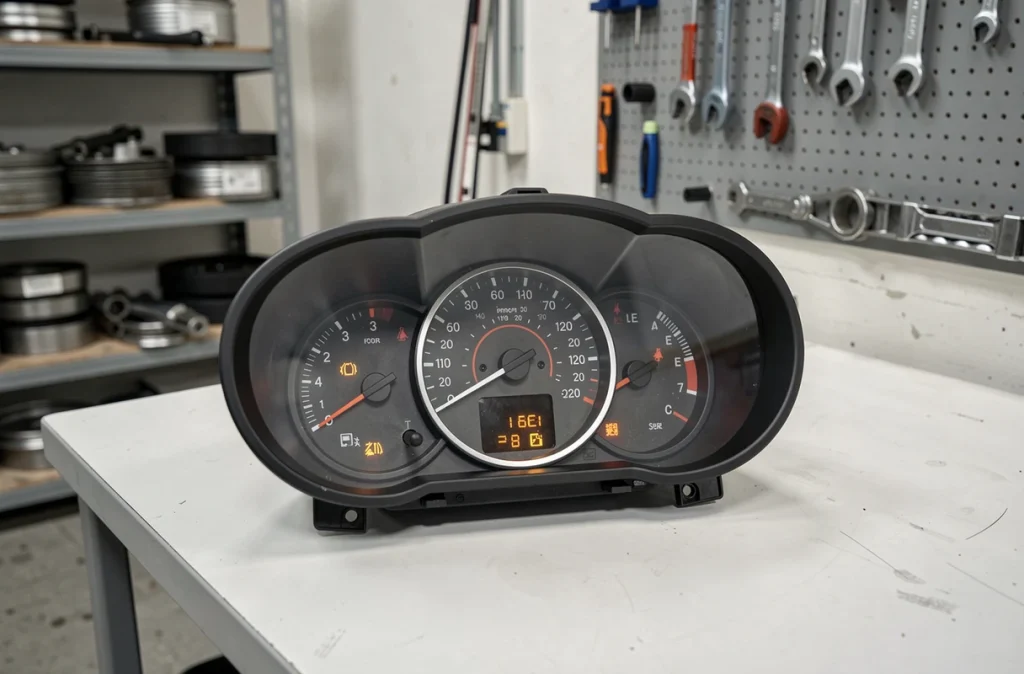 Combiné d'instruments démonté d'une Clio II avec compteurs de vitesse et compte-tours sur établi d'atelier