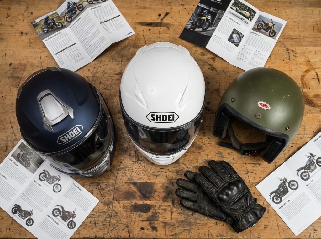 Comparaison de trois casques moto de marques premium posés sur un établi en bois