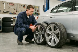 Technicien automobile comparant deux jantes de tailles différentes dans un atelier professionnel pour choisir les bonnes dimensions de pneus