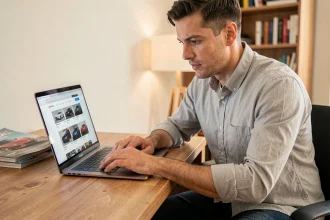 Homme comparant plusieurs modèles de voitures sur le site Pifauto.com depuis son bureau à domicile