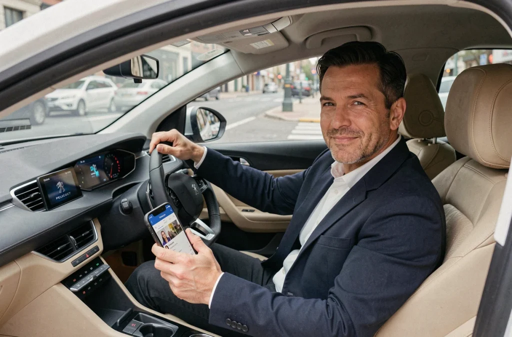 Conducteur assis dans une Peugeot écoutant la musique d'une publicité sur son téléphone via une playlist en streaming