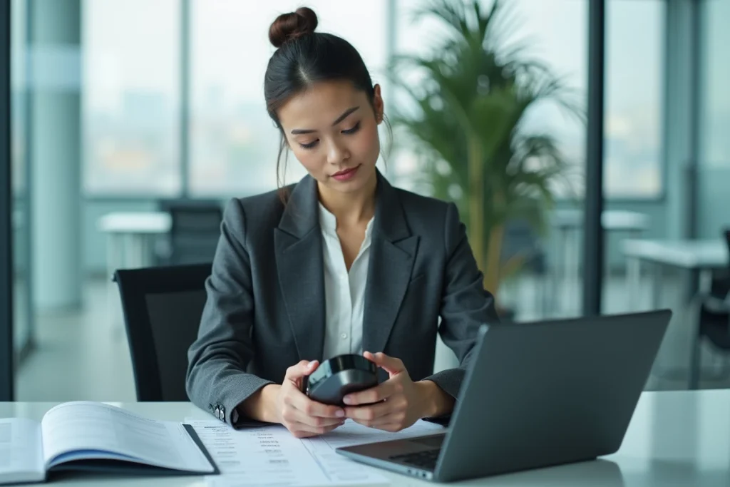 Consultante en sécurité analysant un détecteur GPS professionnel dans un bureau d'entreprise