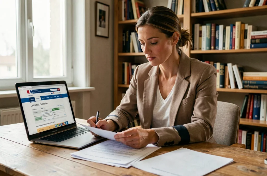 Femme consultant des documents administratifs pour contester une amende de plaque d'immatriculation noire
