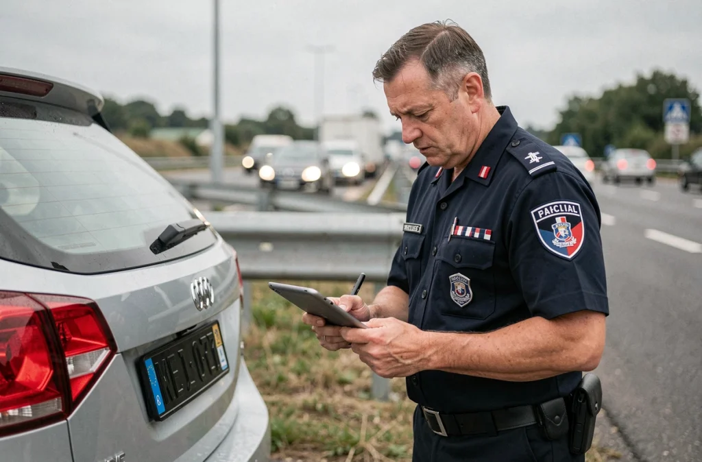 Policier français contrôlant une plaque d'immatriculation noire lors d'un contrôle routier