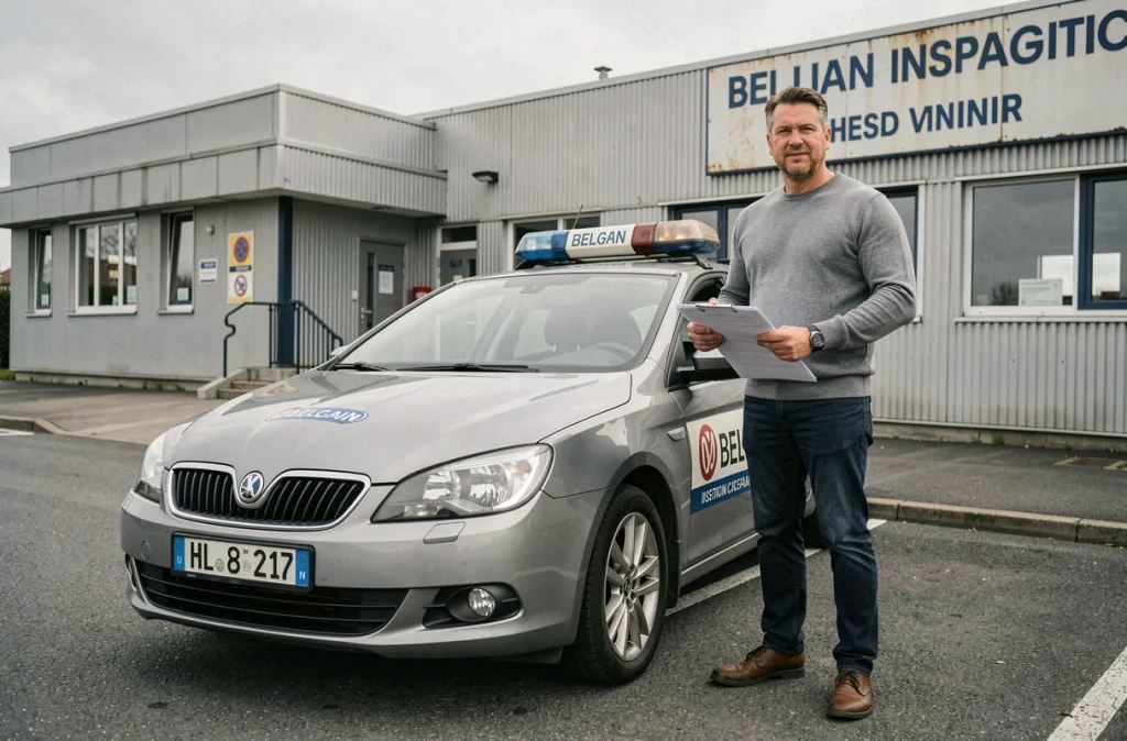 Un homme avec des documents douaniers à côté d'un véhicule importé devant un centre de contrôle technique en Belgique