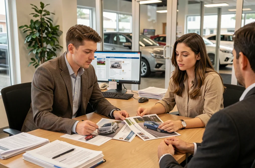 Couple comparant des offres de voiture neuve et d'occasion avec un vendeur dans un bureau de concession