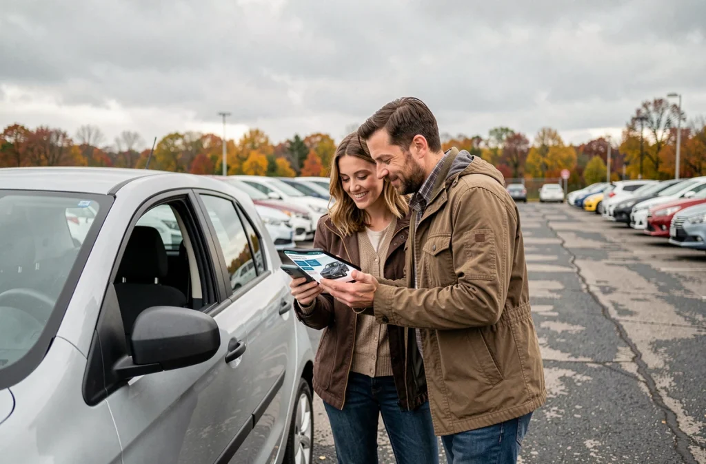 Couple comparant des modèles de voitures d'occasion sur smartphone dans un parking de concessionnaire