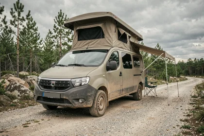 Dacia Sandman aménagée en mini camping-car garé sur un sentier de gravier en forêt de pins, vue 3/4 avant avec auvent déployé