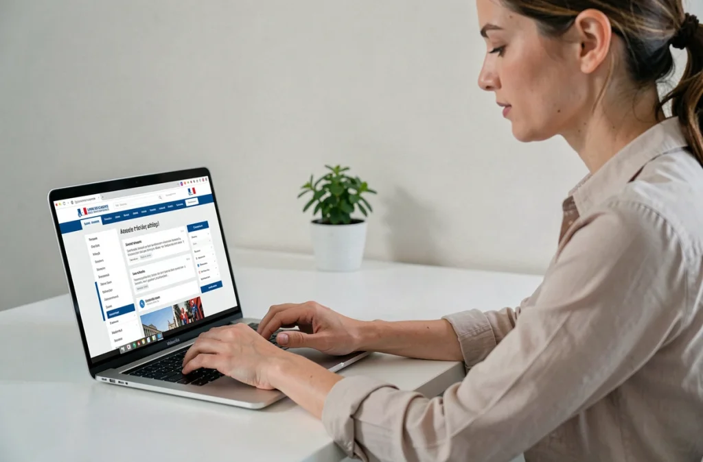 Une femme déclare la cession de son véhicule en ligne sur le site de l'ANTS depuis son ordinateur portable