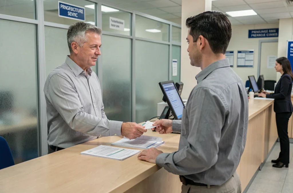 Homme déposant son dossier de duplicata de carte grise en préfecture