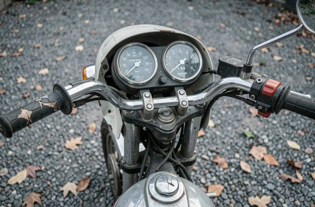Gros plan sur le tableau de bord et les détails d'usure d'une Suzuki GT750 d'occasion, révélant des points d'attention avant achat