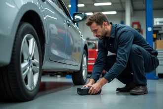 Technicien automobile utilisant un détecteur de traceur GPS professionnel sous un véhicule dans un garage