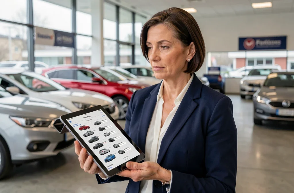 Femme consultant une liste de voitures comparatives sur tablette dans une concession automobile