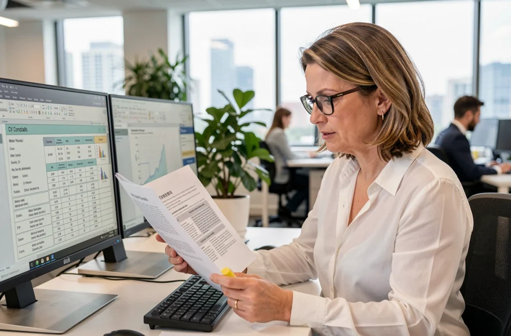 Femme ingénieure analysant une fiche technique moteur avec conversion kW en CV au bureau