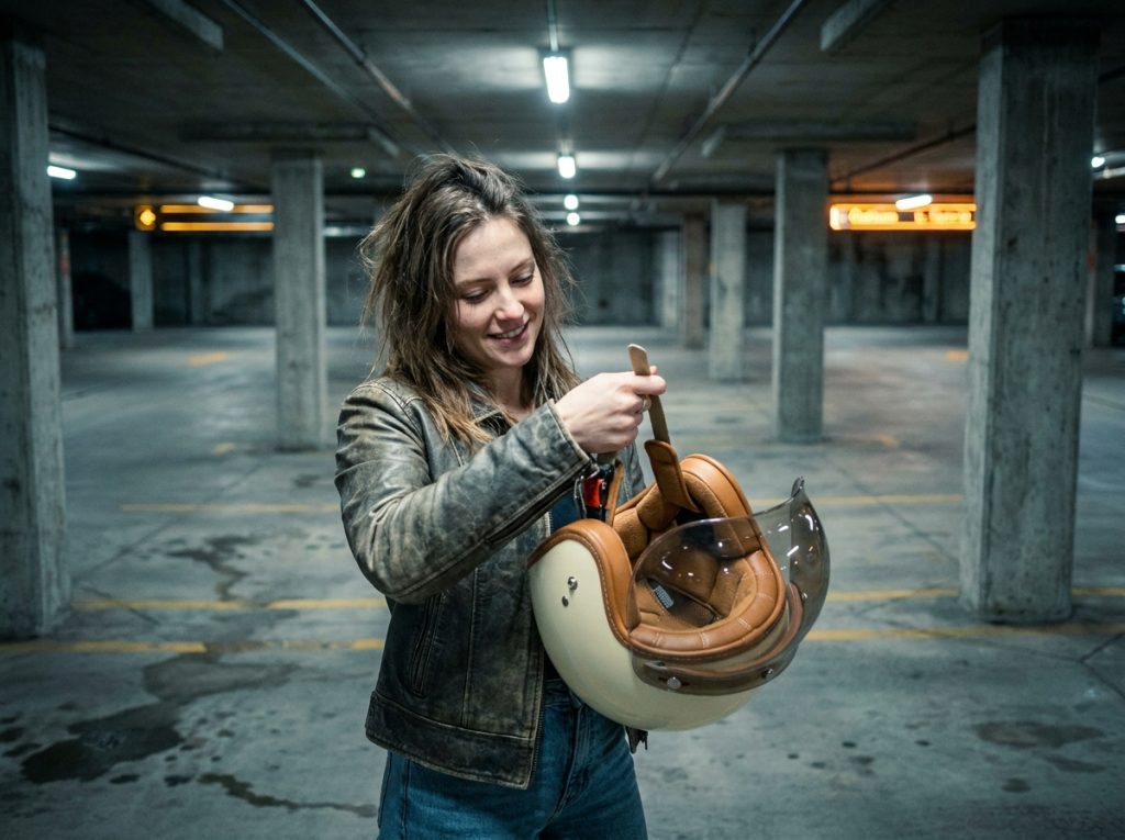 Femme motarde retirant un casque rétro de qualité dans un parking urbain en béton