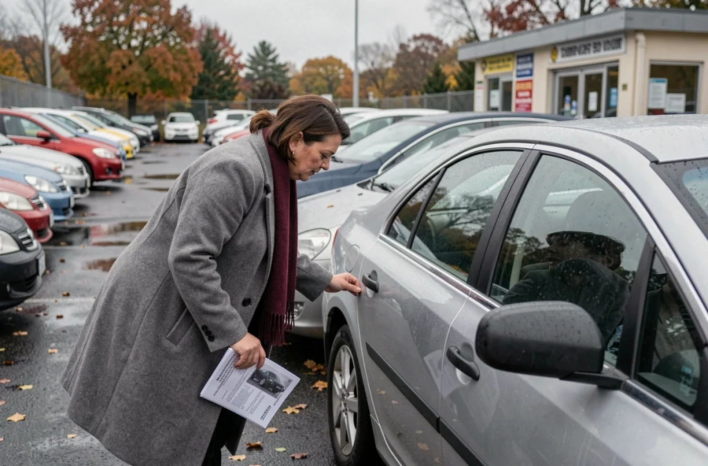 Femme inspectant une voiture d'occasion sur un parking de vente de véhicules d'occasion en automne