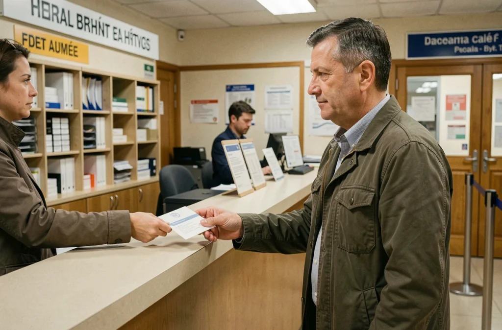 Un homme finalise les démarches administratives après la vente de son véhicule en envoyant des documents à la poste