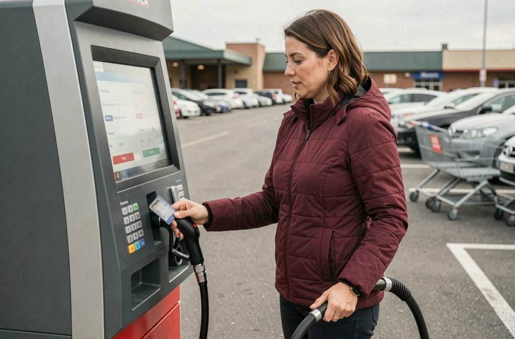 Femme utilisant sa carte bancaire sur une borne de gonflage de pneus dans un parking de supermarché
