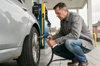 Homme gonflant le pneu de sa voiture à une borne de gonflage en libre-service dans une station-service