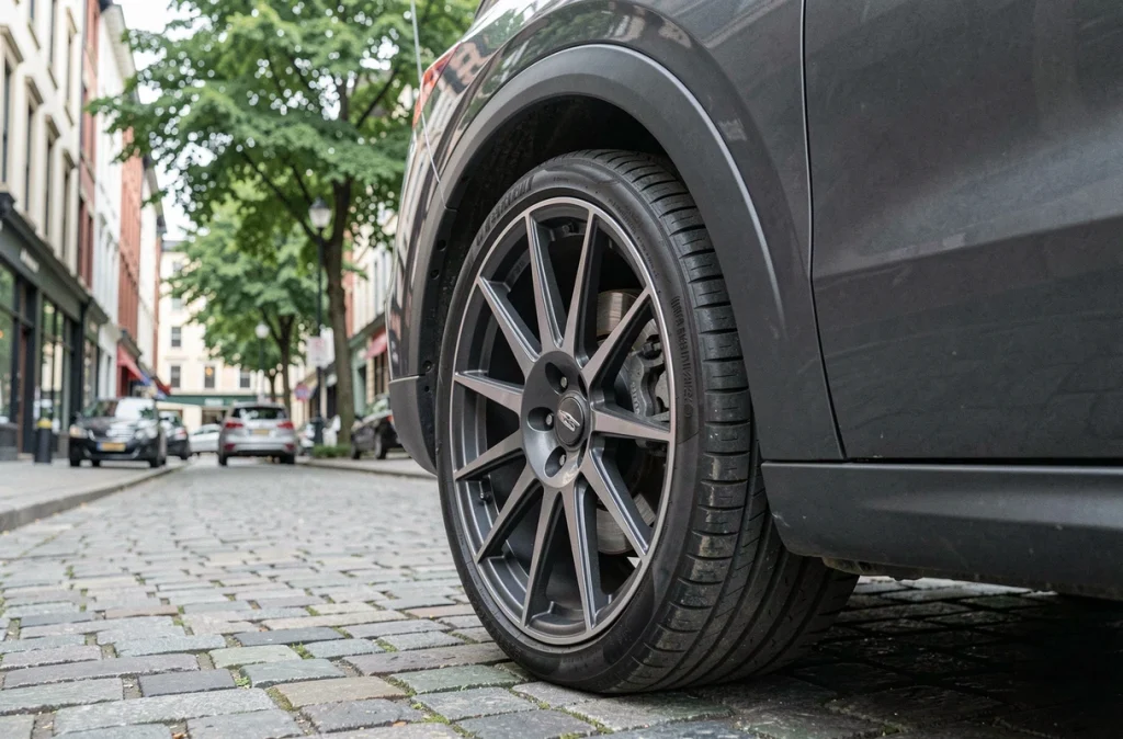 Grandes jantes aftermarket montées sur un SUV urbain montrant le résultat d'un changement de dimension de pneus réussi
