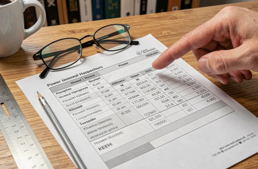 Gros plan sur une fiche technique avec tableau de conversion kilowatts en chevaux-vapeur