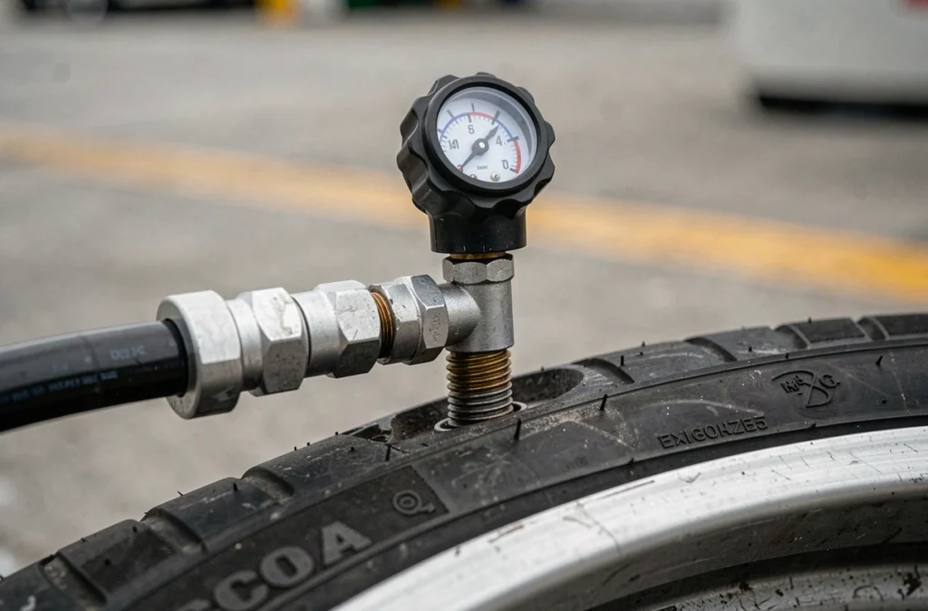 Gros plan sur un manomètre de gonflage connecté à la valve d'un pneu de voiture
