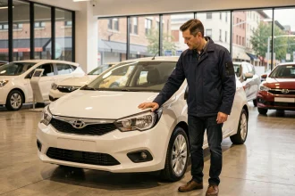 Homme examinant une voiture neuve blanche dans une concession automobile moderne