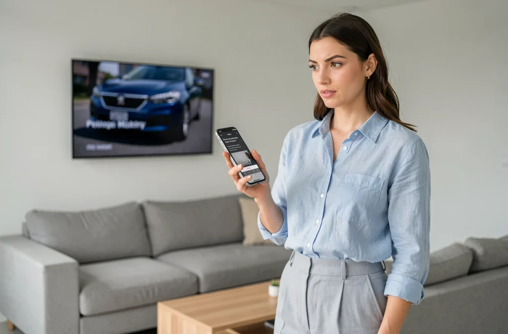 Femme utilisant une application de reconnaissance musicale sur smartphone pour identifier la chanson d'une publicité Peugeot à la télévision
