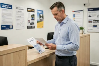 Un homme consultant des documents d'immatriculation de véhicule importé dans un bureau administratif belge
