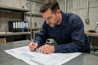 Ingénieur lisant une fiche technique de puissance 100kW en atelier industriel