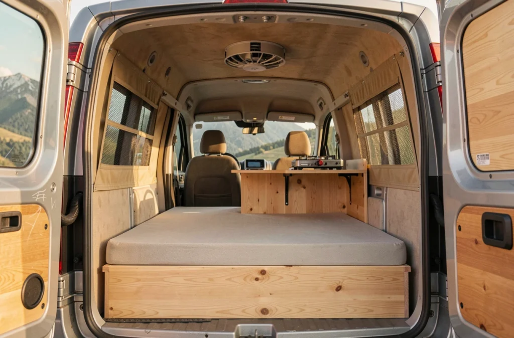 Intérieur aménagé d'un van Dacia Sandman avec couchette en bois, cuisine portable et ouvre-portes arrière sur paysage de montagne