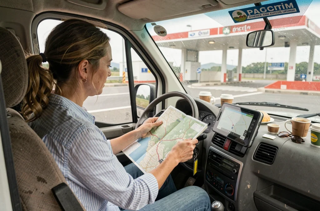 Intérieur d'un camping-car avec conductrice consultant un GPS et une carte d'autoroute gratuite en France