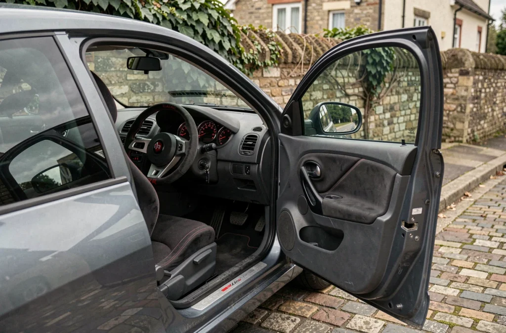 Intérieur sportif d'une Renault Clio II RS photographié depuis l'extérieur avec portière ouverte sur une rue pavée