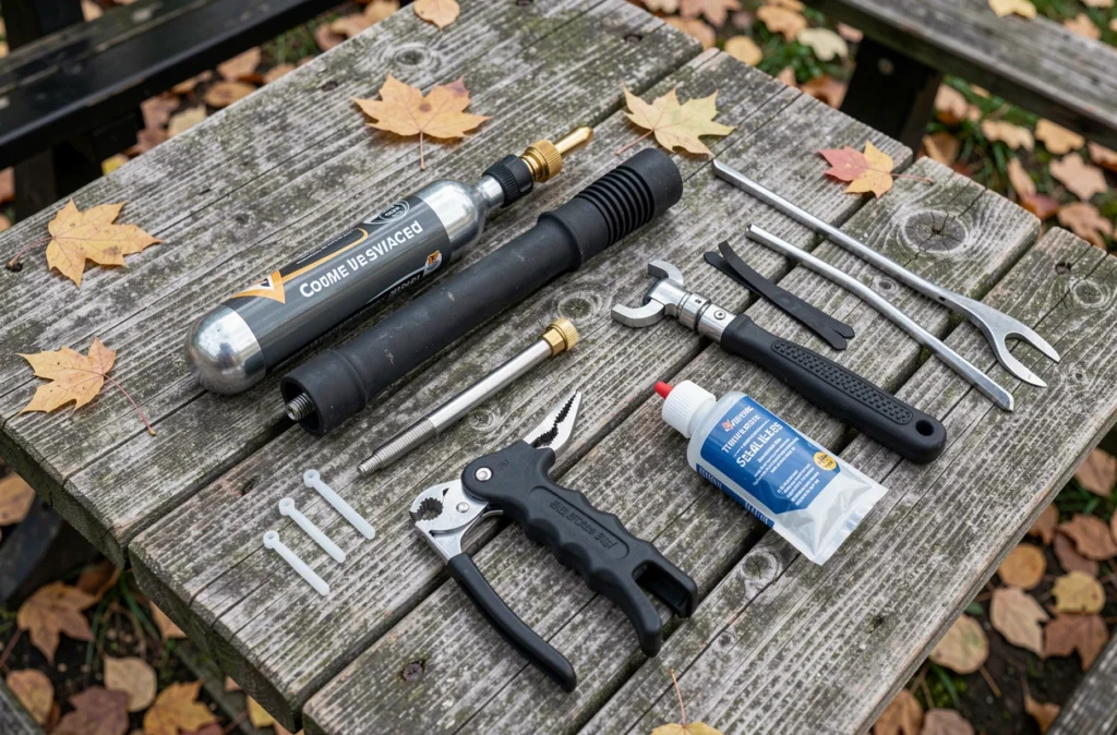 Kit complet de réparation pneu tubeless sans compresseur posé sur une table en bois avec CO2, bouchons et outil de valve