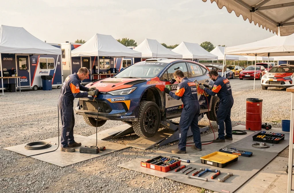 Équipe de mécaniciens au service park travaillant sur une voiture de rally électrique lors d'un rallye 2026